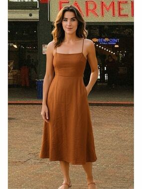 *New* O.P.T. Brinley Linen-Blend Midi Dress in Rust/Tan, Size Medium